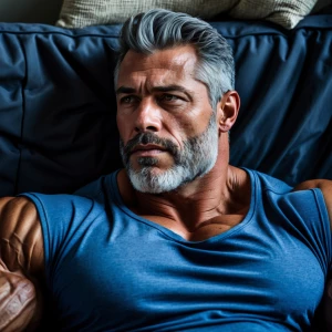 The image shows a muscular bodybuilder man lying on a couch, app...