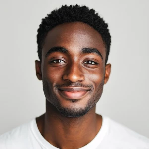 A 22-year-old joyful African American man with dark skin, a clea...