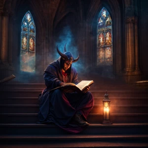 A digital airbrushed illustration of a beautiful Demon , sitting...