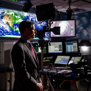High resolution. Meteorologist reports weather on tv!