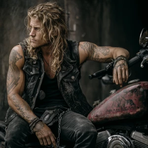 The image shows a muscular bodybuilder man with a tattooed arm s...