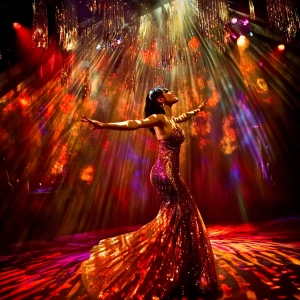 Imagine a dimly lit lounge with a lavish stage where glittering...