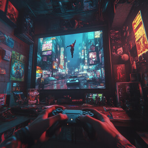 A detailed first-person perspective of someone playing a futuris...