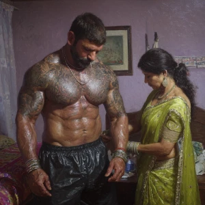 Hyperrealism oil painting.big guajarat house bedroom with bathro...