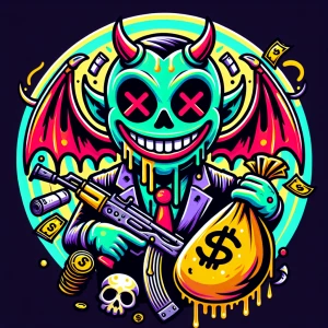 Design a cartoon-style circular logo featuring a cheeky demon we...