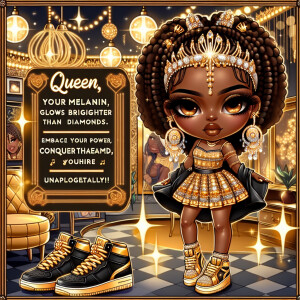 A chibi-style African American woman with glowing melanin skin,...