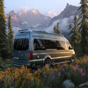 ultra photo realistic, 128K, modern luxury RV van, parked at sce...