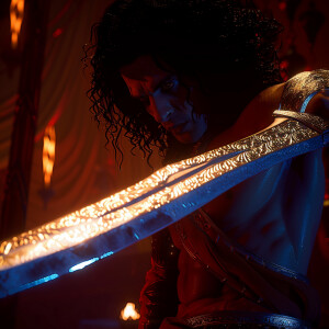 prince of persia character with sharp sword, in the top of burge...