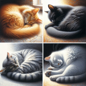 Four cats of various colors peacefully dozing off side by side