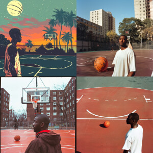 Vintage basketball street court, black man playing basketball an...