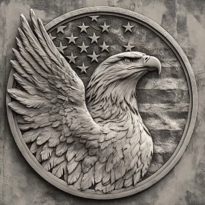Design a high-contrast grayscale bas relief of an eagle with win...
