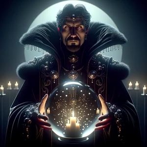 A darkwave sorcerer, depicted in a regal manner, gazes intensely...