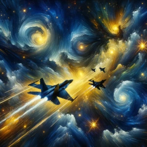 modern jet fighters soaring thru van gogh’s starry night