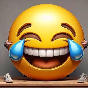Create an image of an enormous, expressive emoji dominated by an...