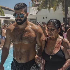 PhotoRealism,realism,a muscular beefy sweaty man  walking with h...