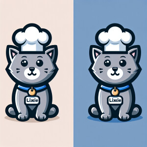 A gray kitten with a chef hat on its head wearing a blue collar...