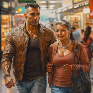 Photo, realism,a bodybuilder man ,walking with his 50 years old...