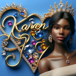 Craft a 3-D image showcasing the name 'KAREN' in a luxurious gol...