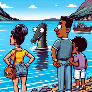 Full veiw of cartoonish Picture of a vacation in Scotland with a...