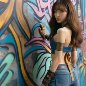 Attractive, Asian teenage girl, long brown hair and bangs, wearing tight skinny jeans and a halter top paint marks on her clothing, backside view heroic pose Asian graffiti