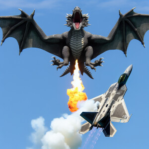 F22 aircraft diving towards a scaly winged fire breathing dragon...