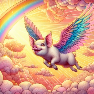 Illustrate Pigasus, the whimsical flying pig, soaring through a...