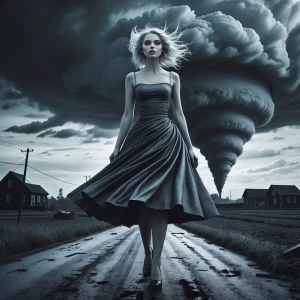 a woman wearing a tornado as a dress, the skirt merges into dark clouds in the sky and swirls pulling objects into it, her hair is wild in the wind, she walks forward her face porcelain white with pale pink lips, the woman wears the dress walking down a country road leaving destruction of houses and farms in her wake