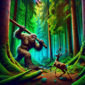 A large hairy covered body sasquatch swinging a large tree limb...