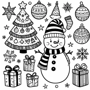 Design a child-friendly Christmas-themed coloring page that incl...