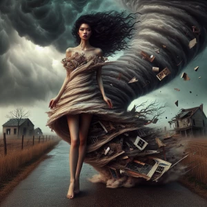 a woman wearing a tornado as a dress, the skirt merges into dark clouds in the sky and swirls pulling objects into it, her hair is wild in the wind, she walks forward her face porcelain white with pale pink lips, the woman wears the dress walking down a country road leaving destruction of houses and farms in her wake