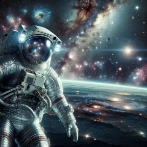A celestial explorer floats in the vast expanse of space, their...
