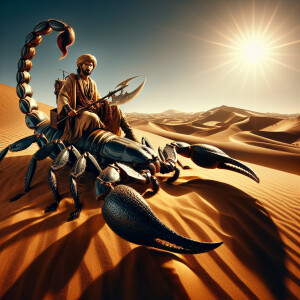 Extra-large scorpion with a female riding on its back. Backgroun...
