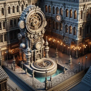 A small plaza with a clock tower featuring visible gears and cogs beneath a glowing, circular dial