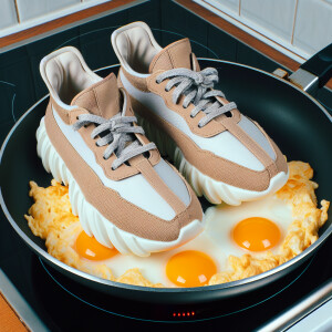 scrambled eggs  adidas yeezy in a frying pan