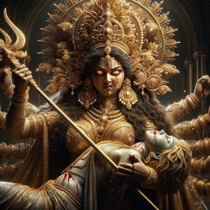 portrait of angry looking goddess durga slaying a weak mahishasur by carrying him in her arms and stabbing him with her amazingly designed trident. She is wearing gold armor, a huge gold crown, gold saree, abundant  gold jewelry, covered in blood. The scene is set in ancient India. The image is 8K resolution, cinematic, ultra detailed face and epic.