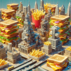 Create an 8K UHD hyper-realistic 3D image of a surrealist citysc...