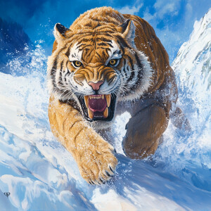 Design an image depicting a sabertooth tiger from the Ice Age, t...