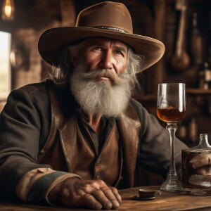 A whimsical old prospector, grizzly, long beard wide brim, cowbo...