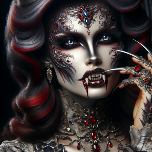 Create an image of a seductively menacing vampiress, displaying...