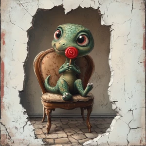 A cute little dinosaur with a guilty expression, is sitting on a vintage reading chair with wooden legs. He has a red lollipop in his hand and is licking it. His tongue shows that he is licking the lollipop. The scene is shown in dark lighting with the light accented on the dinosaur. The scene is shown through a hole in the wall. The floor part of the scene is vintage cobble stones. The hole in the white plaster wall is realistic with some cracks.