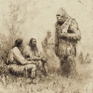 An ancient meeting with humaniod looking sasquatch hair covered...