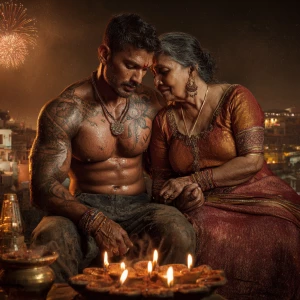 Realism, photo painting.a muscular beefy sweaty tattoed indian m...
