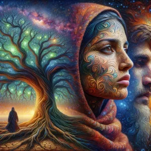 In a realm of twisted dreams, a whimsical tree sprouts from the...