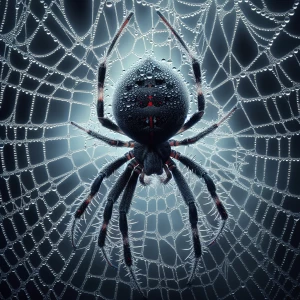A close-up image of a black widow spider sitting in the center o...