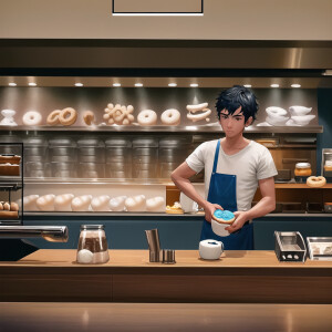 A 21-year-old barista in a white t-shirt and blue apron adds the...