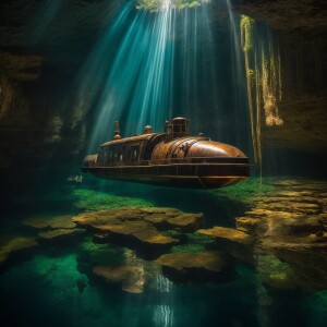 (steampunk submarine floating in cenote:1.1),Beautiful waterfall...