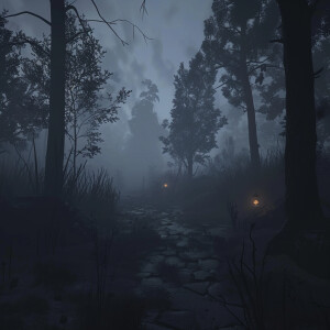 AI Image: A dark, foggy forest with the faint outline of a path...