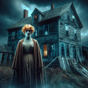 Haunted old farmhouse at night.. creepy ginger hair woman