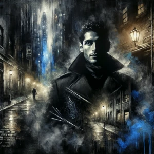 Depict a noir-inspired chrononaut shrouded in shadows amidst a b...