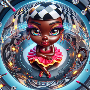 Bird’s-eye view, realistic digital art of a glamorous chibi-styl...